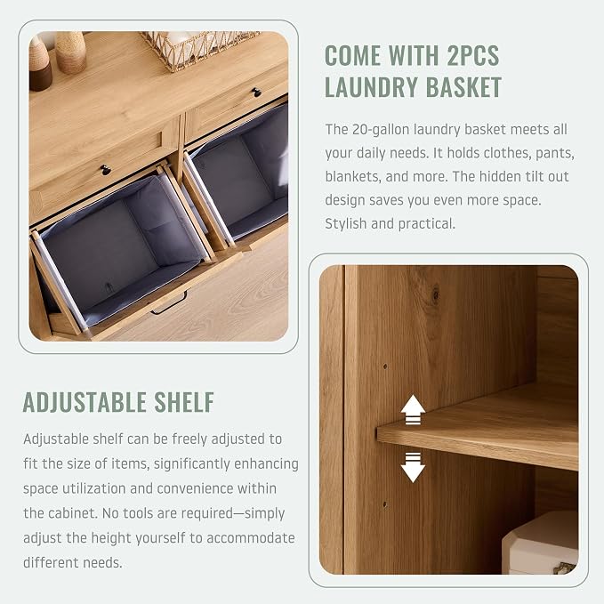 Triple Tilt Out Laundry Hamper Cabinet, 20 Gallon Farmhouse Trash Can Cabinet - Image 4