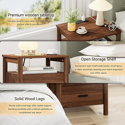 Night Stand with Charging Station, 2 Drawers Nightstand with Open Shelf - Image 3