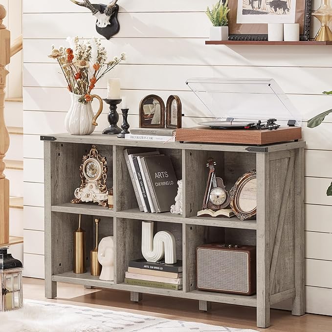 Farmhouse 6 Cube Bookshelf, Rustic Grey Oak Wooden Storage Organizer Book Shelf by Joaxswe
