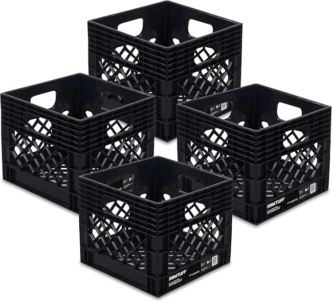 Ramtuff 4 Pack Storage Milk Crate, Durable Plastic Home Organizers, Stackable by Ramtuff