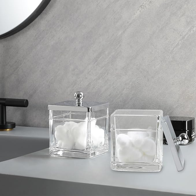 Glass Cotton Jar Holder 2 Pack– Silver/Chrome Lid, Elegant Bathroom Storage - Image 3