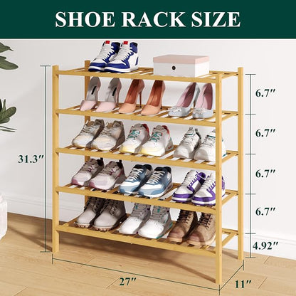 Smiry Bamboo Shoe Rack for Closet, 5 Tier Wooden Stackable Shoe Organizer - Image 2