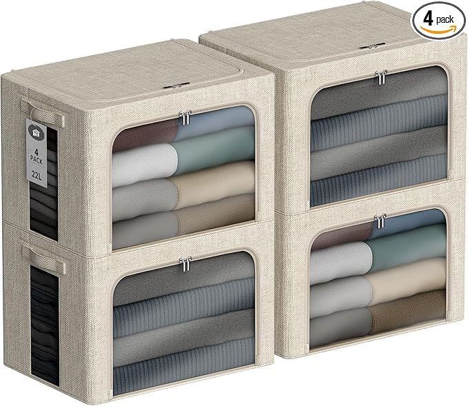 4 Pack Clothes Storage Bins - 22L Stackable Storage Box with Lid，Foldable by Chizjox