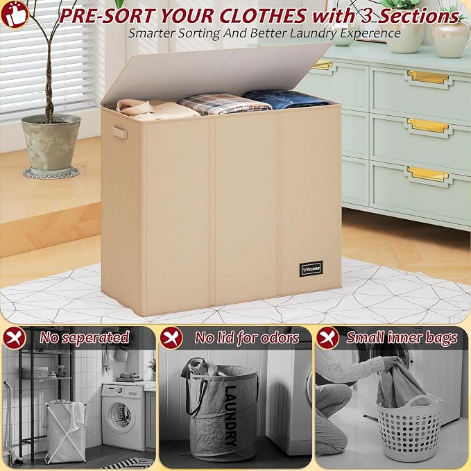 195L Laundry Hamper 3 Section, Large Laundry Hamper - Image 3