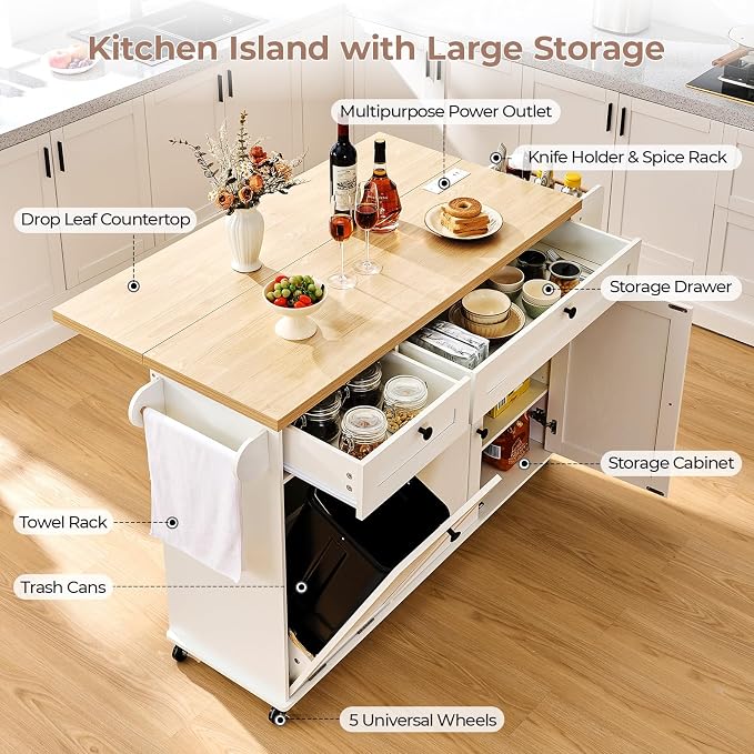 60.2" Kitchen Islands with Storage, Kitchen Island Cart with Trash Can Storage - Image 3