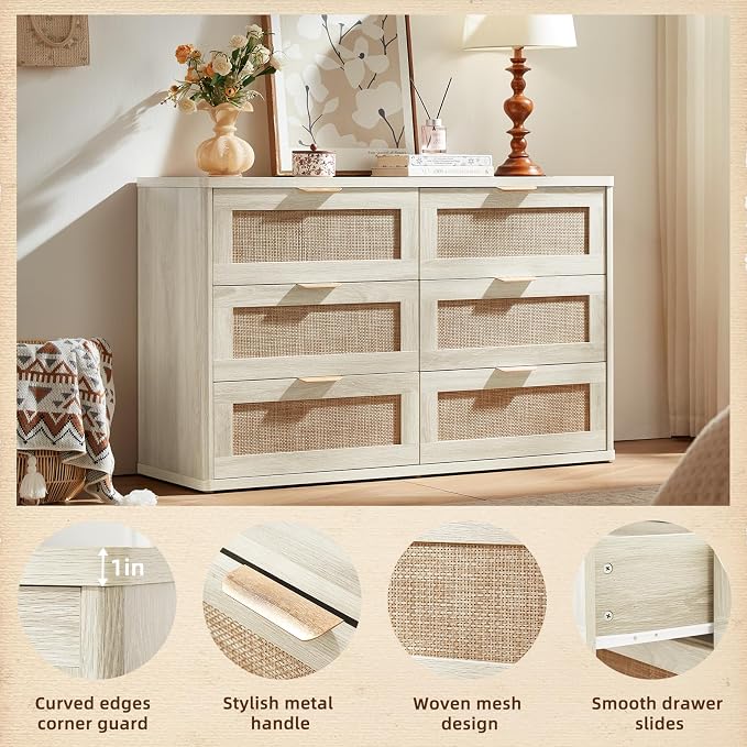 LEYAOYAO Rattan Dresser for Bedroom Set of 2, Boho 48" Wide White Dresser Chest - Image 6