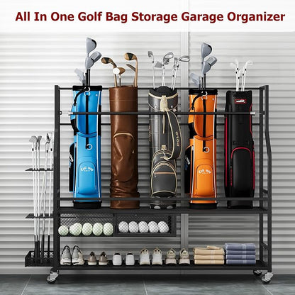 Golf Bag Storage Rack on Wheels, Mobile 5-Bag Organizer - Image 6