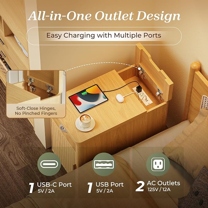 Huuger Narrow End Table with Charging Station, USB-C Port, Fluted Nightstand - Image 5