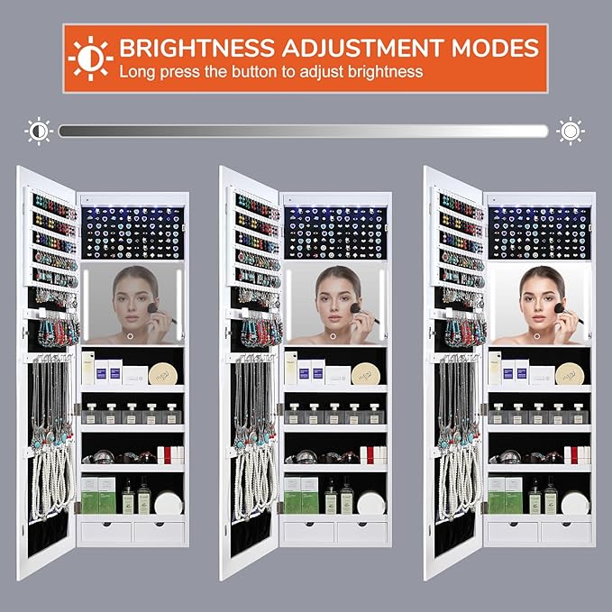 GISSAR Mirror Jewelry Cabinet, LED Wall Door Mount Full Length Jewelry Armoire - Image 7