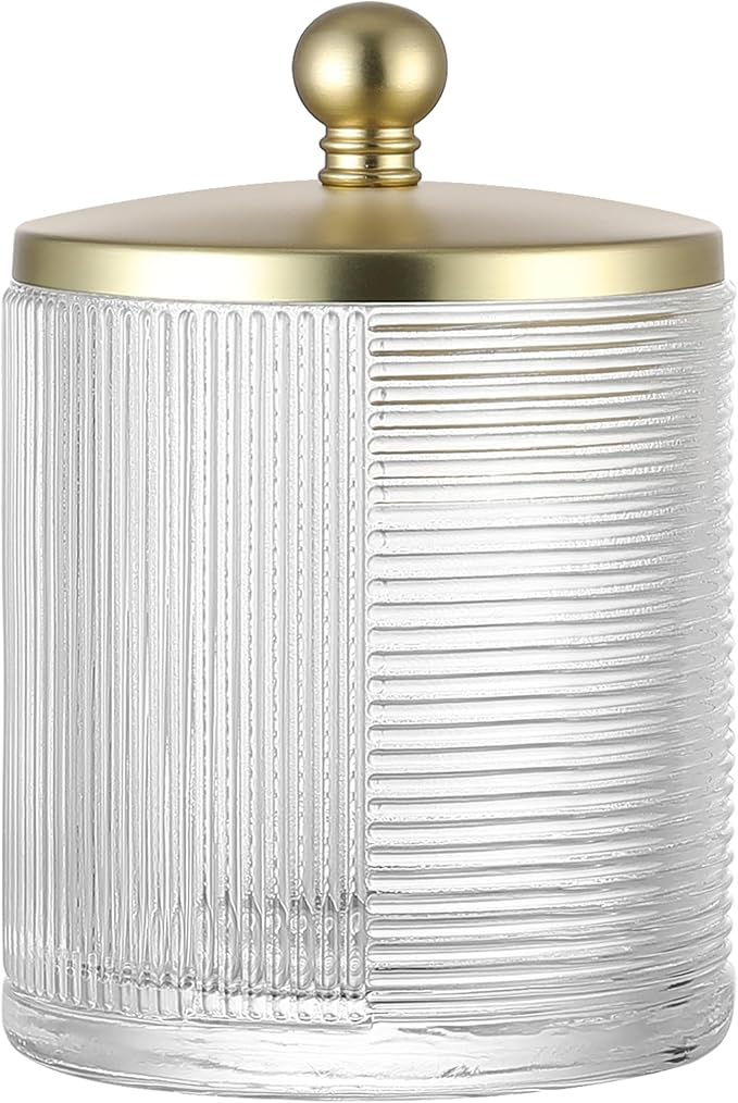 Clear Transparent Apothecary Ribbed Geometric Etched Glass Jar W/Gold Lid Cover by IndecorHome