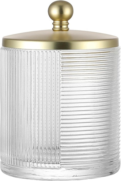 Clear Transparent Apothecary Ribbed Geometric Etched Glass Jar W/Gold Lid Cover by IndecorHome