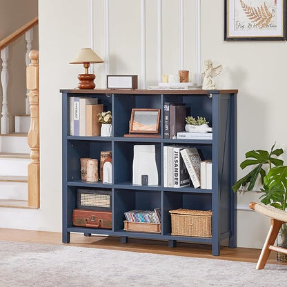 9 Cube Bookcase, Farmhouse 47 Inch Wide Navy Blue Bookshelf, Wooden 3 Tier - Image 7