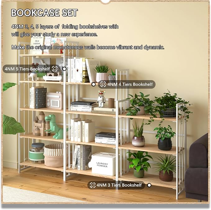 4NM No Assembly 5 Tiers Folding Bookshelf, 59.4" H Foldable Storage Shelves - Image 5