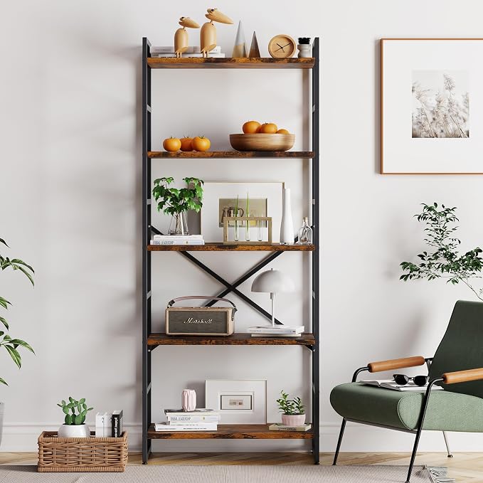 Vongrasig 5 Tier Bookshelf, Modern Tall Bookcase, Industrial Book Shelves by Vongrasig