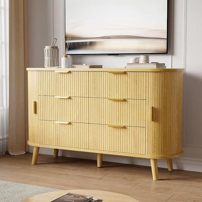 Fluted 6 Drawers Dresser, Curved Profile & Sturdy Legs, Wood TV Stand - Image 8