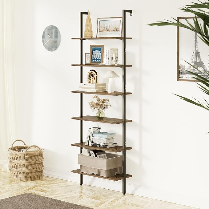Ladder Shelf Black 6 Tiers Modern Bookshelf Room Organizer Open Tall Wall Mount - Image 2