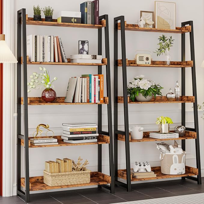 IRONCK Industrial Bookshelf 5-Tier 31.5 in Wide, Bookcase Ladder Shelf - Image 4