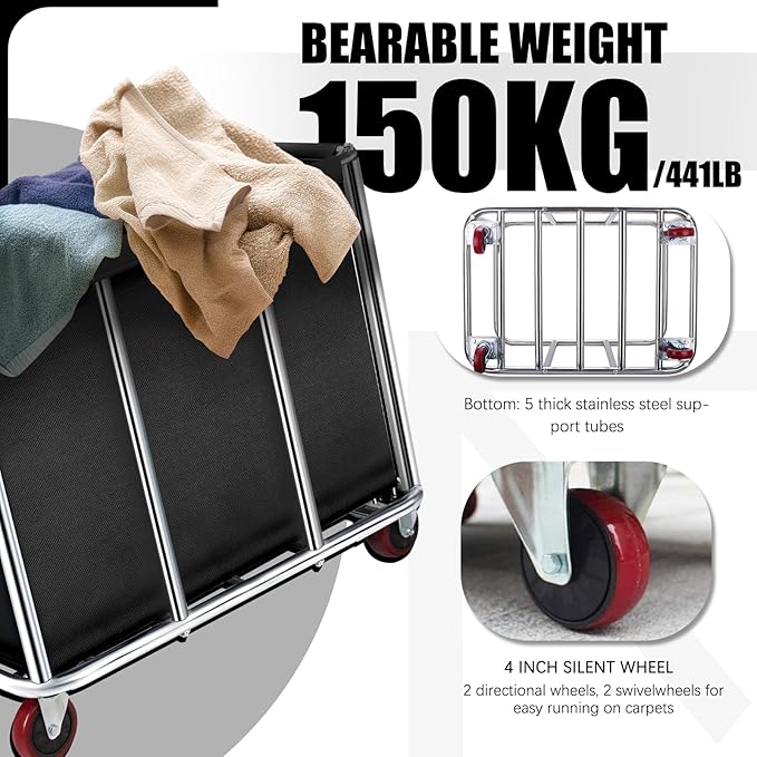 Commercial Laundry Cart on Wheels, 11.35 Bushels Large Roller - Image 3
