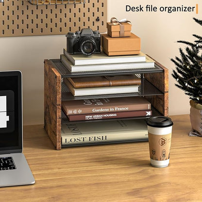 3-Tier Paper Letter Tray, Wooden Desk File Organizer, Stackable Metal Mesh Desk - Image 5