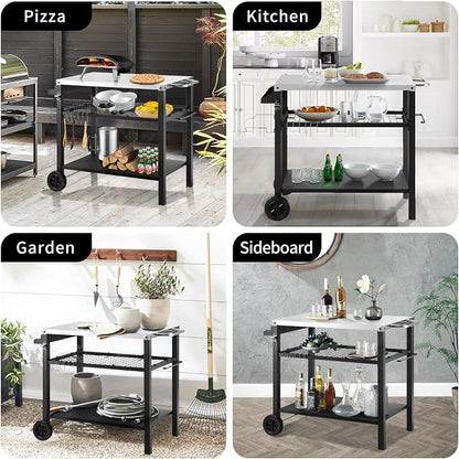 Dining Cart Table with Three Shelf, Movable Outdoor BBQ Grill Table Pizza Oven - Image 6