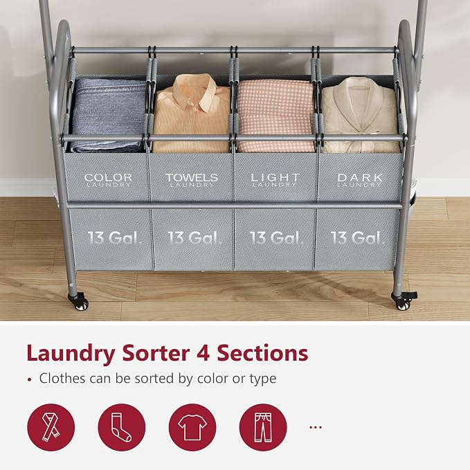 Tajsoon Laundry Sorter with Hanging Bar, 4 Section Rolling Laundry Hamper with - Image 4