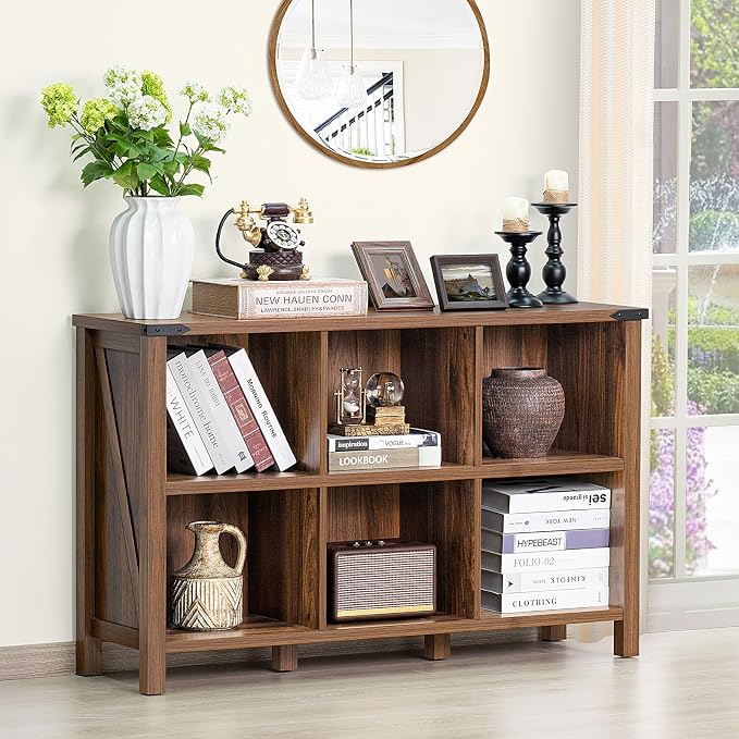 Farmhouse 6 Cube Book Shelf, Wood 3 Tier Storage Organizer Bookshelf, Rustic - Image 6