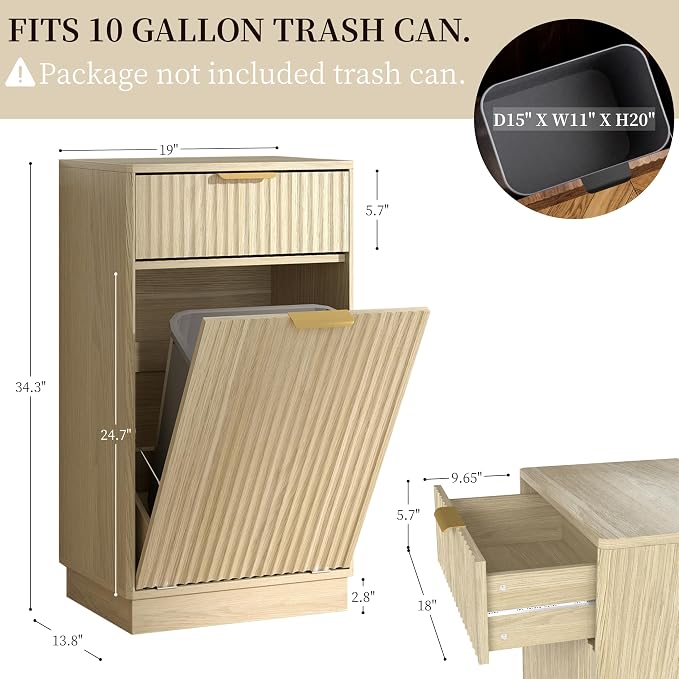 Tilt-Out Trash Cabinet with 10-Gallon Capacity, Walnut Laundry Hamper Cabinet - Image 3