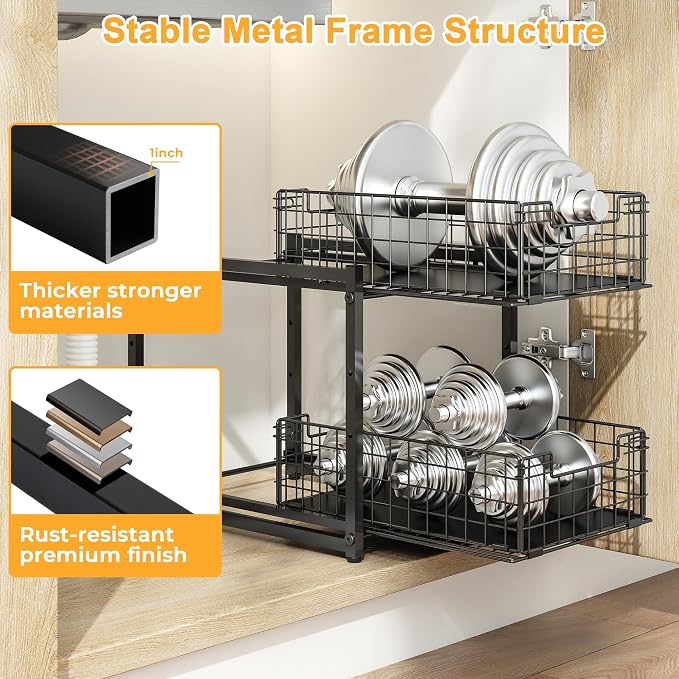 Under Sink Organizer, 2-Tier Pull Out Cabinet Organizer, Adjustable Height - Image 8