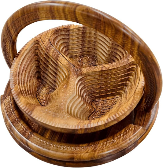 Handmade 12″ Collapsible Wooden Basket, 3-Compartment Angel Wings Design in by Unknown