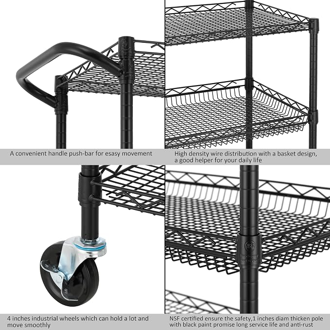Finnhomy 3 Tier Heavy Duty Commercial Grade Utility Cart, Wire Rolling Cart - Image 6