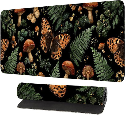 Vintage Butterfly Mushroom Mouse Pad – Large Extended Desk Mat 31.5 x 11.8 in– by LEIWEIHOPE