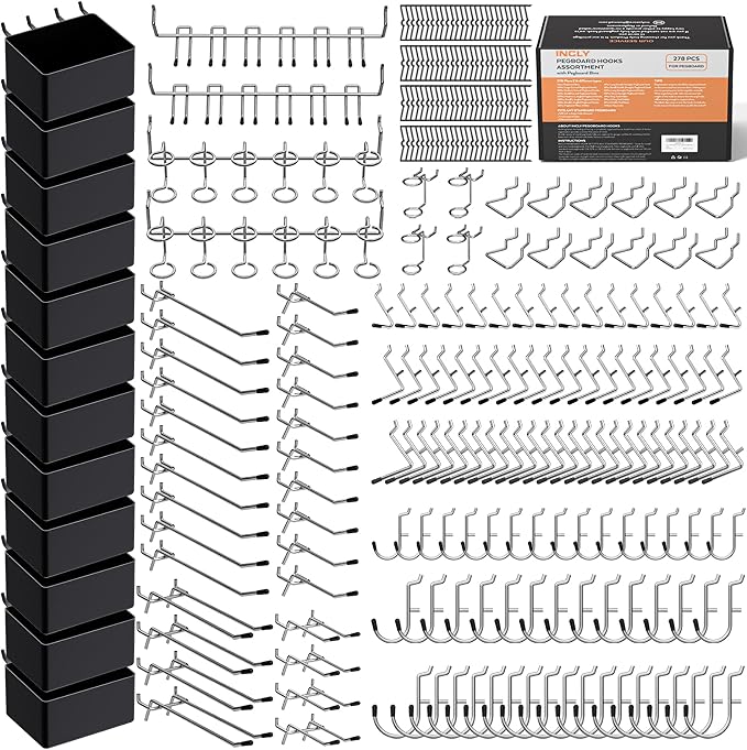 INCLY 278PCS Pegboard Accessories Organizer Kit, Peg Board Hooks Assortment by INCLY