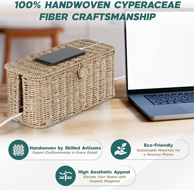 BLUEWEST Large Cable Management Box, Natural Rattan Cable Cord Organizer Boxes - Image 3