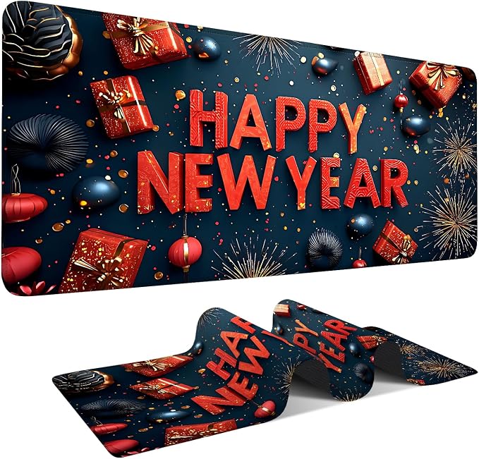 Happy New Year Gaming Mouse Pad 35.4"x15.7"Desk Mat Anti-Slip Rubber Base & by ANNAQUEEN