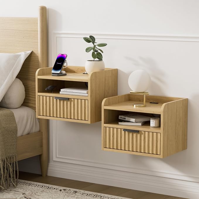 Fluted Floating Nightstand Set of 2, Wall Mounted Bedside Table by EYYTHUNG