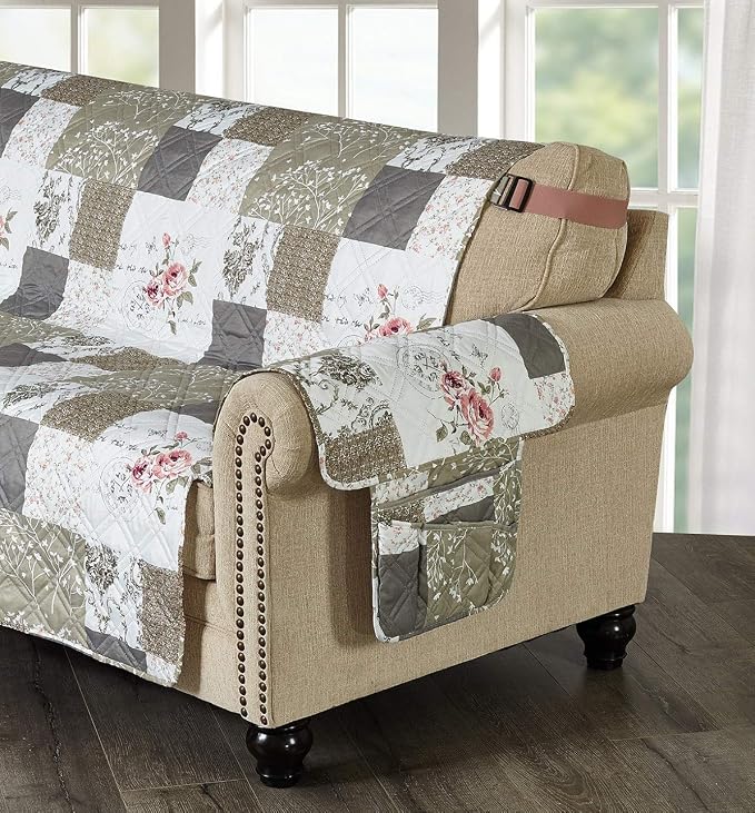 Brilliant Sunshine Rose and Toile Patchwork Couch Armrest 5 Pockets Organizer - Image 2