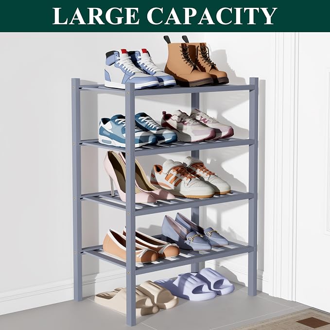 Smiry Bamboo Shoe Rack for Closet, 4 Tier Small Wooden Stackable Shoe Organizer - Image 5