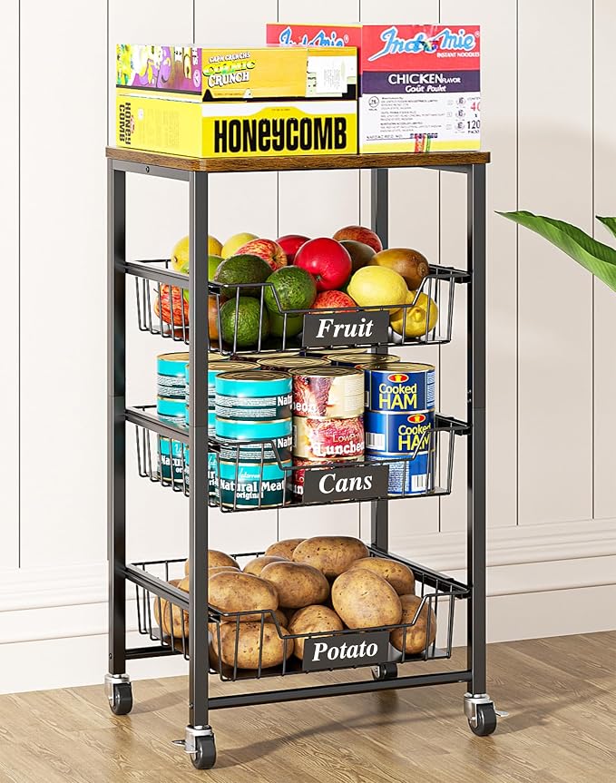 4-Tier Small Kitchen Storage Cart on Wheels, Metal Fruit Basket Stand - Image 6