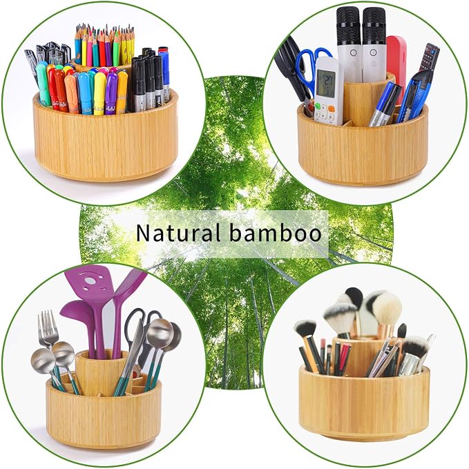 Utoplike Bamboo Rotating Art Supply Desk Organizer, Pencil Holder Organizer - Image 4
