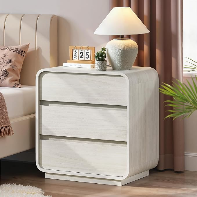 White Nightstand with Charging Station, Modern Curved End Table with 3 Storage - Image 5