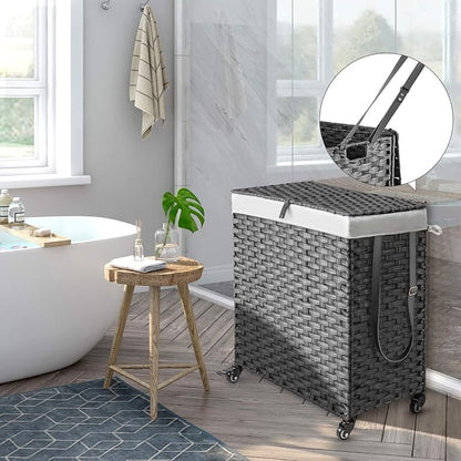 Greenstell Laundry Hamper with Wheels, No Install Needed, 90L Divided Handwoven - Image 2