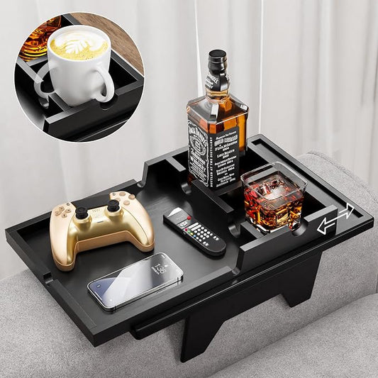 Black Couch Cup Holder Tray - 2 in 1 Couch Armrest Table - Foldable Sofa by Bestjing