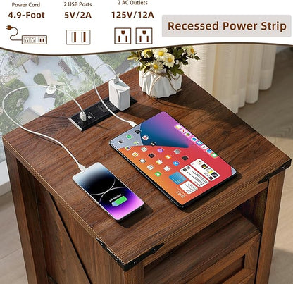 Nightstand with Charging Station and USB Port, Farmhouse Side End Table with 2 - Image 4