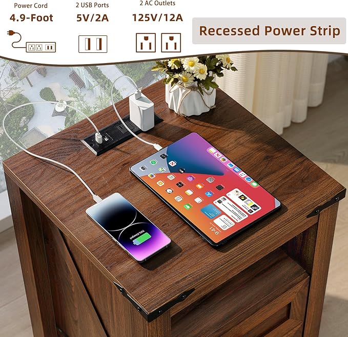 Nightstands Set of 2 with Charging Station, Farmhouse Side End Table with 2 - Image 5
