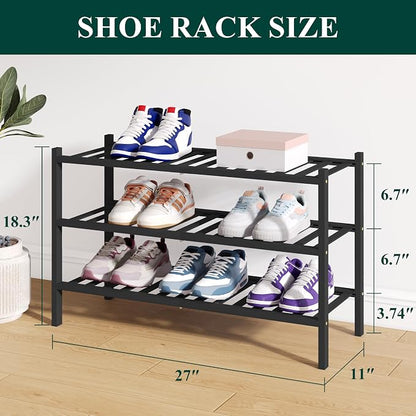 Smiry Bamboo Shoe Rack for Closet, 3 Tier Wooden Stackable Shoe Organizer - Image 2