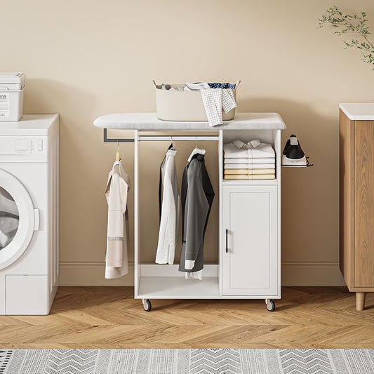 Rolling Ironing Board with Storage Cabinet, Ironing Table with Heat-Resistant by LOCSEAR