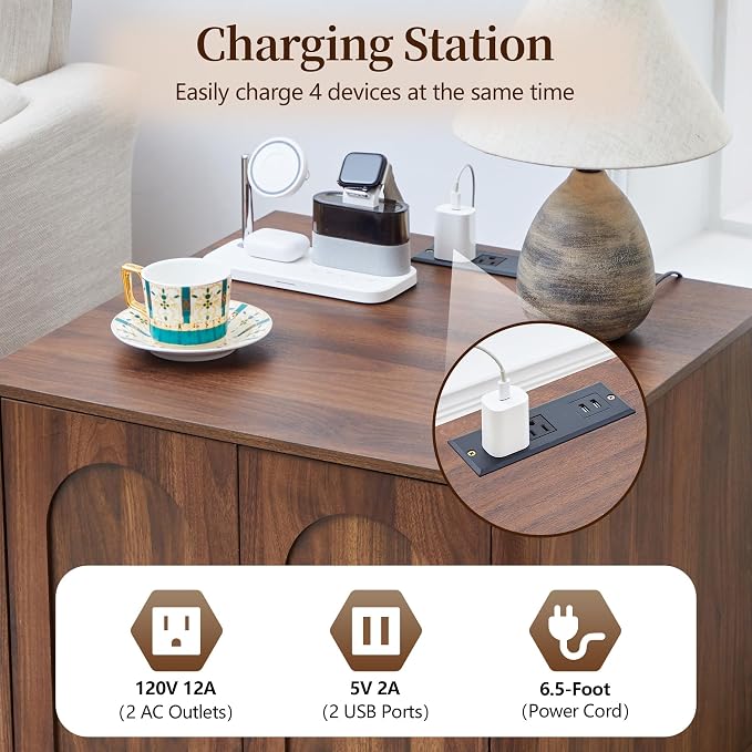 Bed Side Table Set of 2 with Charging Station, Mid Century Modern Nightstand - Image 3