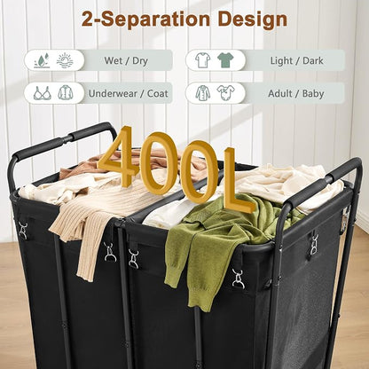 Hoctieon 2 Section Laundry Sorter Cart, 400L Rolling Hamper - Image 3