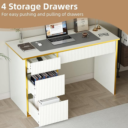 4 EVER WINNER White Desk with Drawers with Hidden Handle, 47 Inch Computer - Image 4