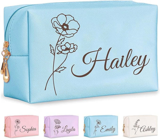 Personalized Makeup Bag with Name & Birth Flower, Custom Leather Cosmetic Bags by Fincekoom